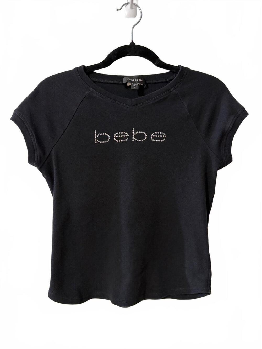 Vintage Y2K bebe Baby Tee Black V-Neck Short Sleeve Cropped Rhinestone Logo